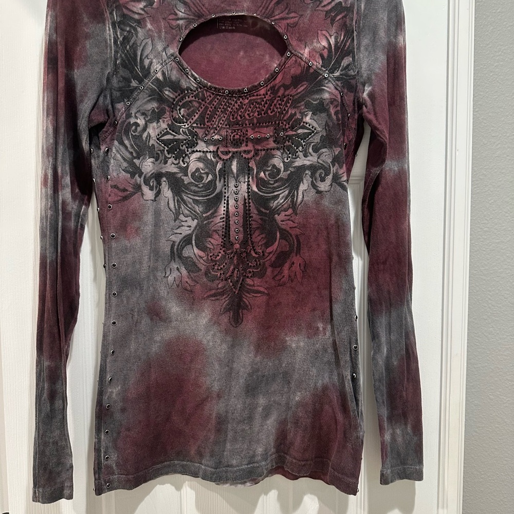 Affliction Burgundy and Gray Long Sleeve Top size small